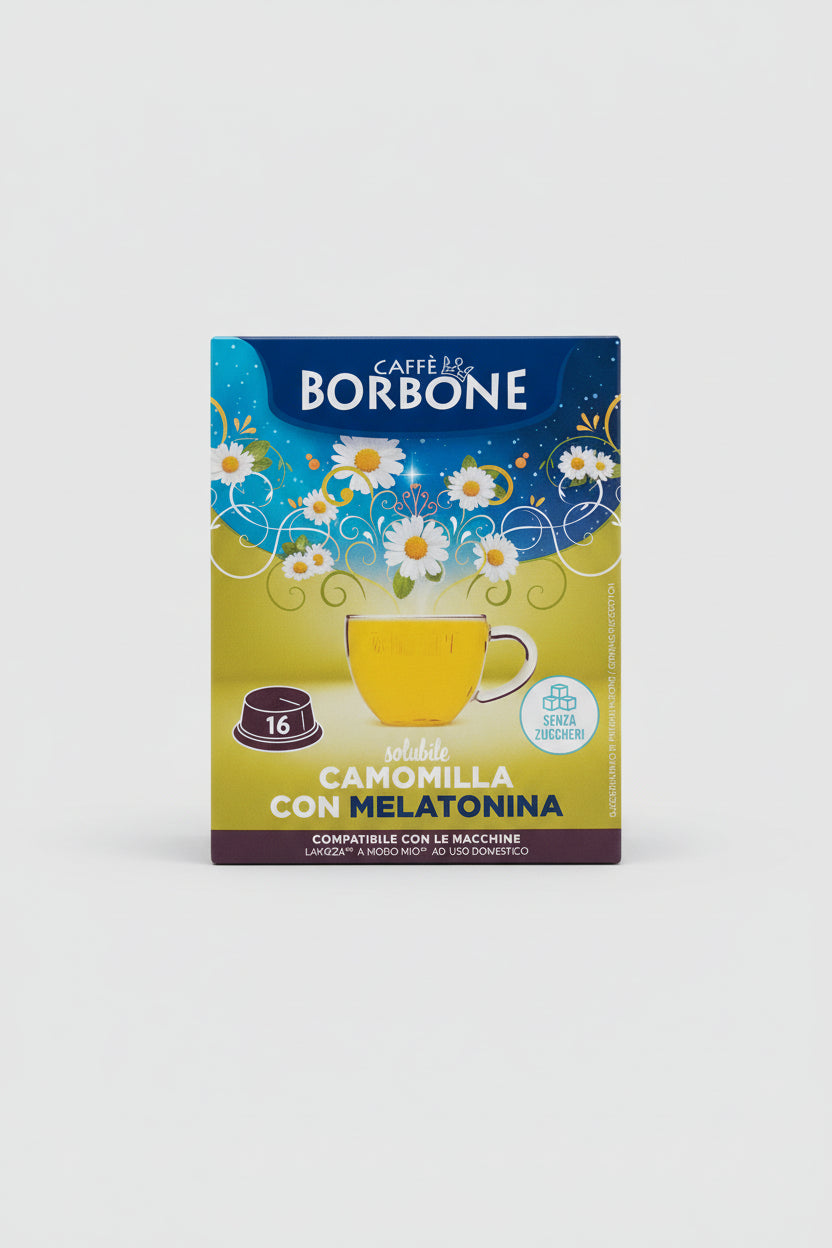 Borbone Lavazza A Modo Mio chamomile melatonin coffee capsules for relaxing tea and sleep aid, with chamomile flowers and capsules.