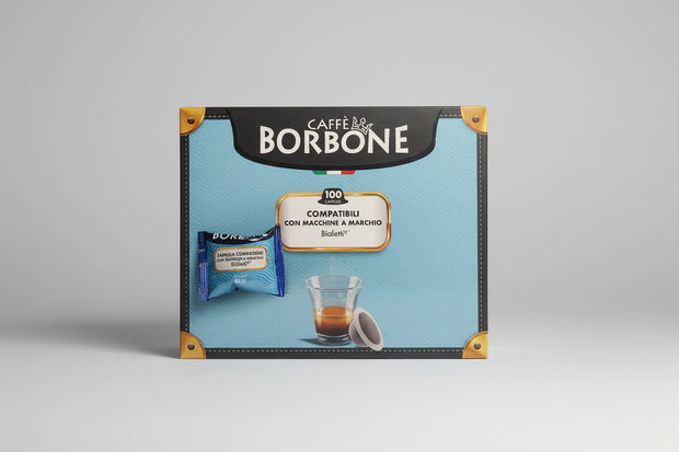 Borbone Bialetti Blu 100 coffee capsules from Capsule Caffè & Dolci, showcasing the colorful packaging and capsules.