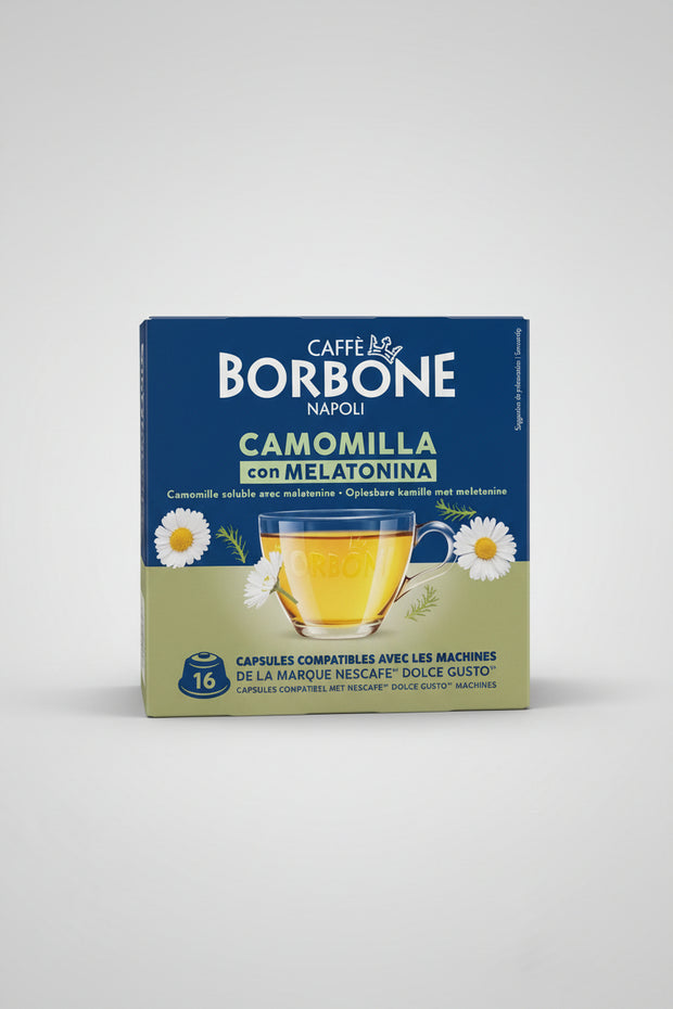 Capsule Caffè & Dolci Borbone Dolce Gusto Chamomile Melatonin tea capsule for coffee machines, featuring chamomile flowers.