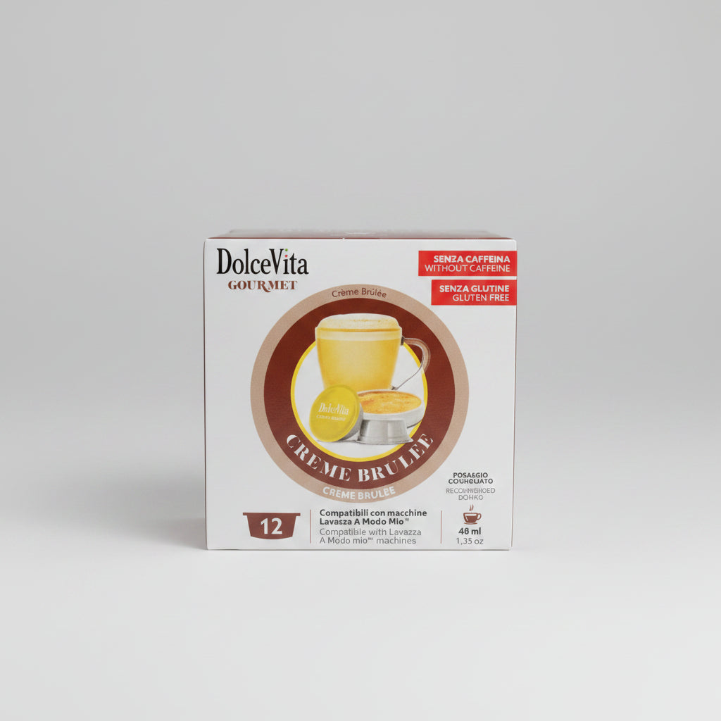 Lavazza DolceVita A Modo Mio Creme Brule coffee capsule from Capsule Caffè & Dolci, shown with the capsule and packaging.