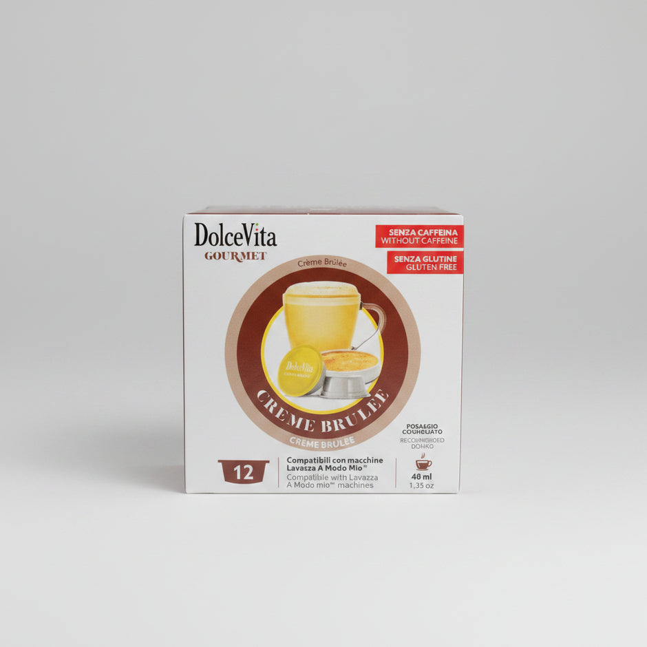 Lavazza DolceVita A Modo Mio Creme Brule coffee capsule from Capsule Caffè & Dolci, shown with the capsule and packaging.