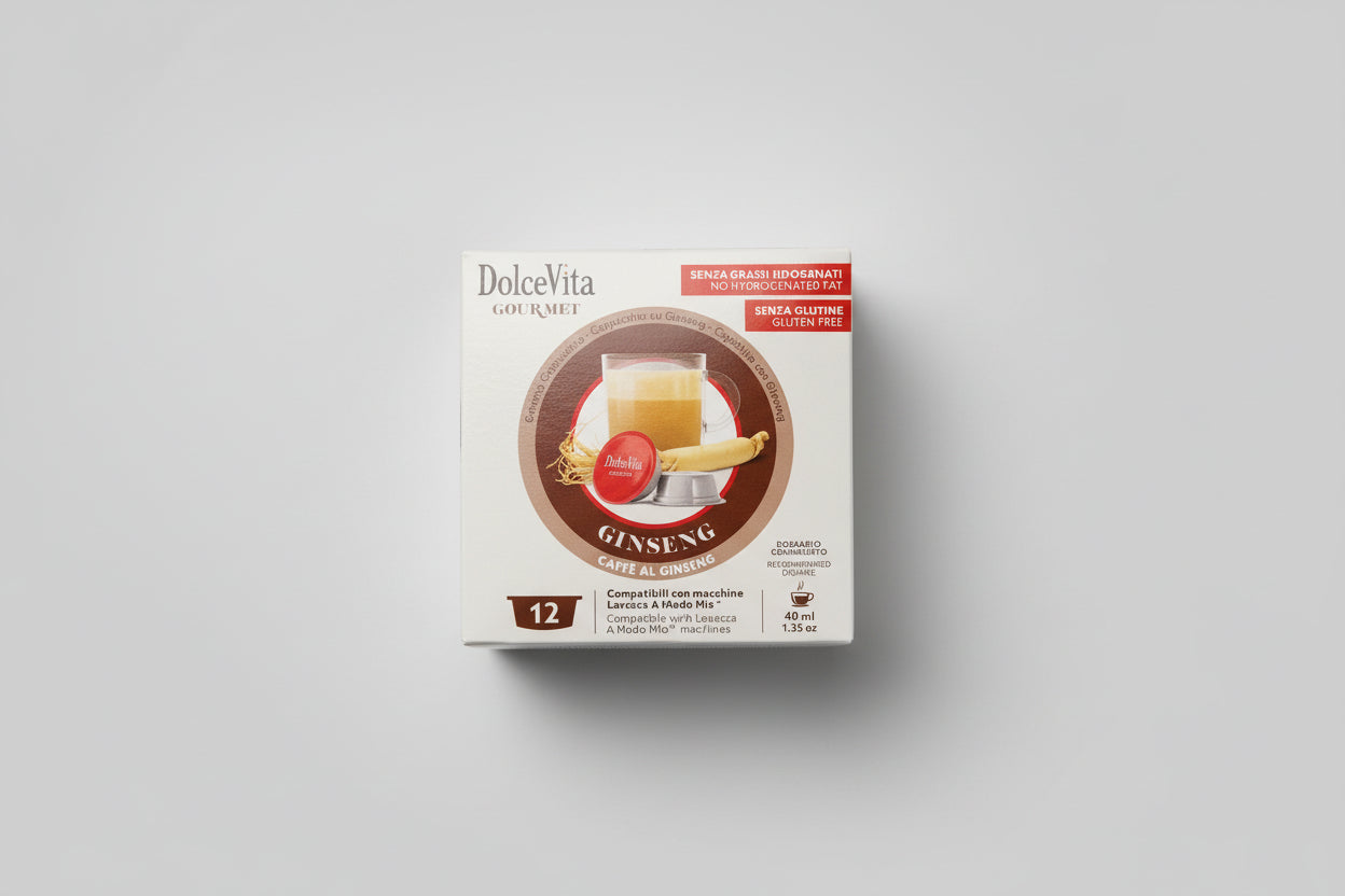 DolceVita Lavazza A Modo Mio Ginseng coffee capsules in a box, designed for use with Lavazza A Modo Mio coffee machines.