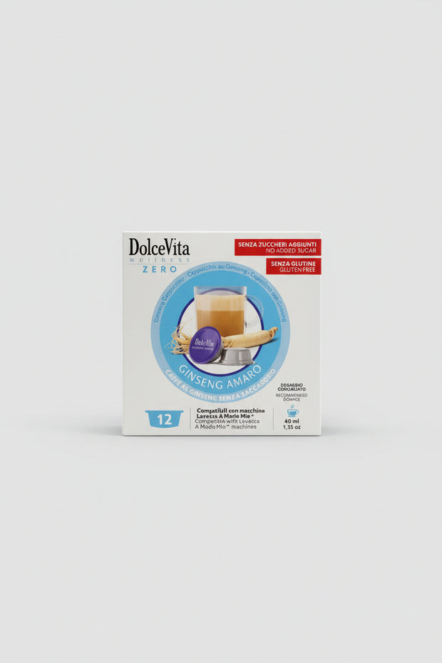 Lavazza DolceVita Ginseng Amaro capsule coffee from Capsule Caffè & Dolci, showing a coffee capsule and packaging.
