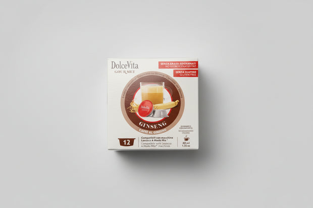 DolceVita Lavazza A Modo Mio Ginseng coffee capsules in a box, designed for use with Lavazza A Modo Mio coffee machines.