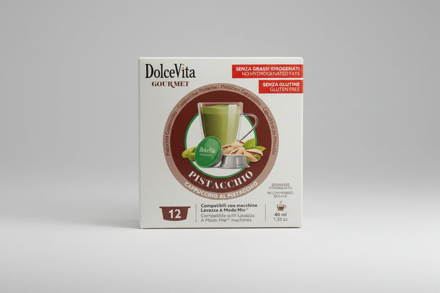 Lavazza DolceVita Pistacchio A Modo Mio coffee capsule from Capsule Caffè & Dolci, showing a green and purple capsule on a white background.