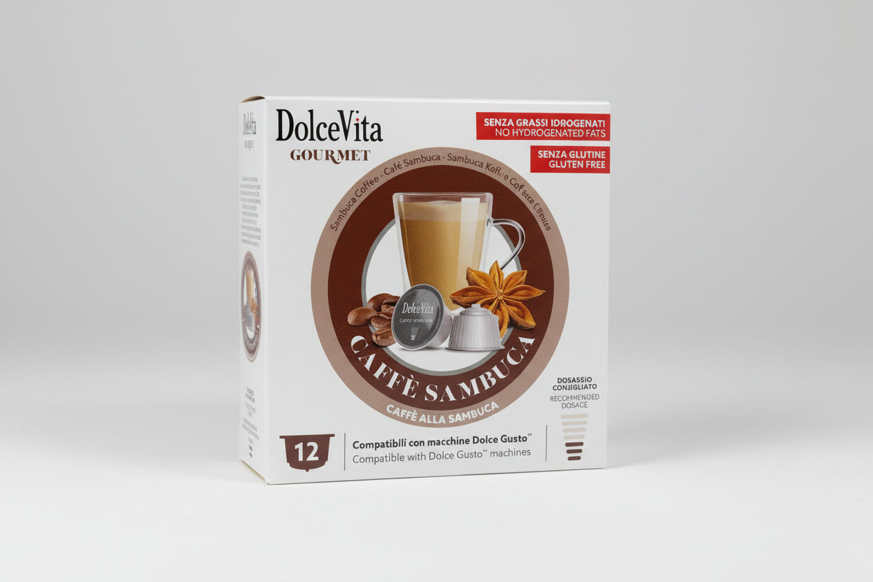 DolceVita Dolce Gusto Caffè Sambuca capsule from Capsule Caffè & Dolci, showing a coffee capsule with branding and packaging details.