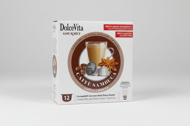 DolceVita Dolce Gusto Caffè Sambuca capsule from Capsule Caffè & Dolci, showing a coffee capsule with branding and packaging details.