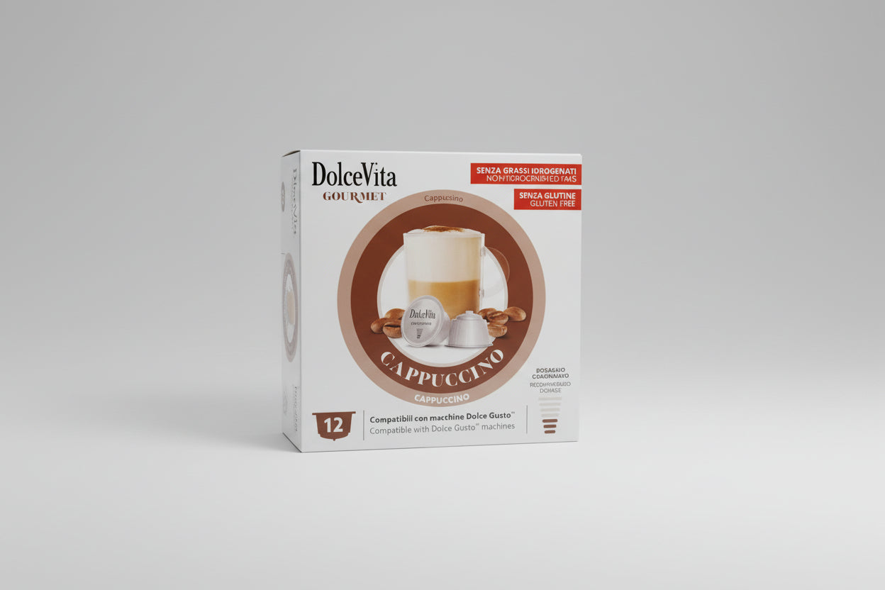 Dolce Vita Dolce Gusto Cappuccino capsule from Capsule Caffè & Dolci, showing a coffee capsule with a cappuccino beverage.