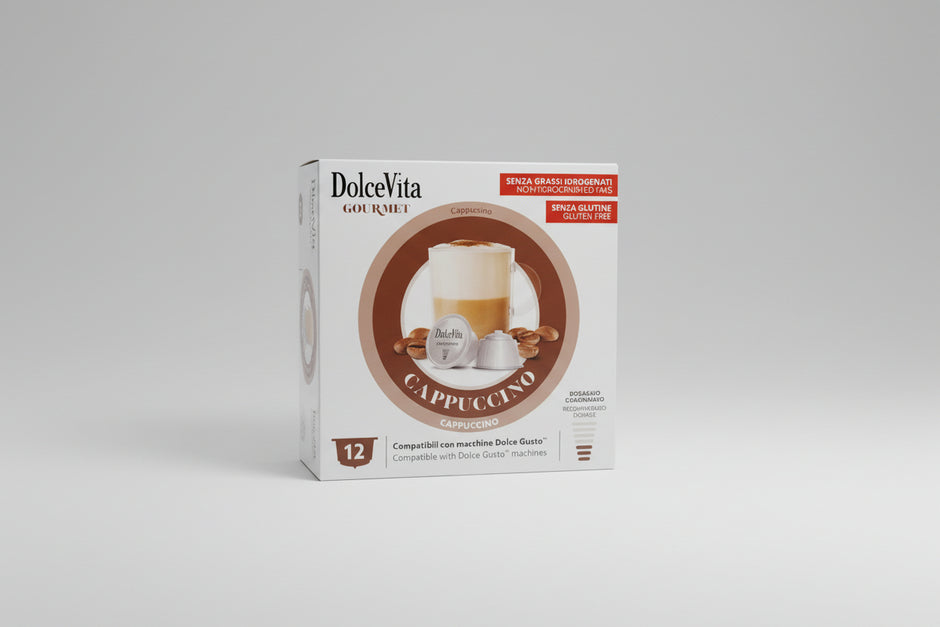 Dolce Vita Dolce Gusto Cappuccino capsule from Capsule Caffè & Dolci, showing a coffee capsule with a cappuccino beverage.