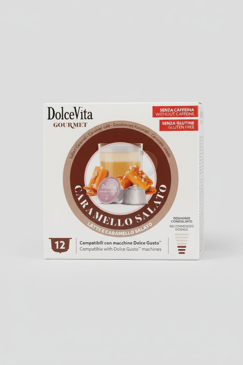 DolceVita Dolce Gusto Caramello Salato coffee capsule by Capsule Caffè & Dolci, with caramel and salty flavor notes.