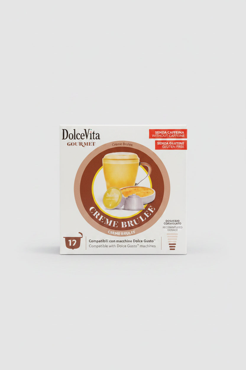 DolceVita Dolce Gusto Creme Brule coffee capsule from Capsule Caffè & Dolci, showing the product packaging and capsule details.