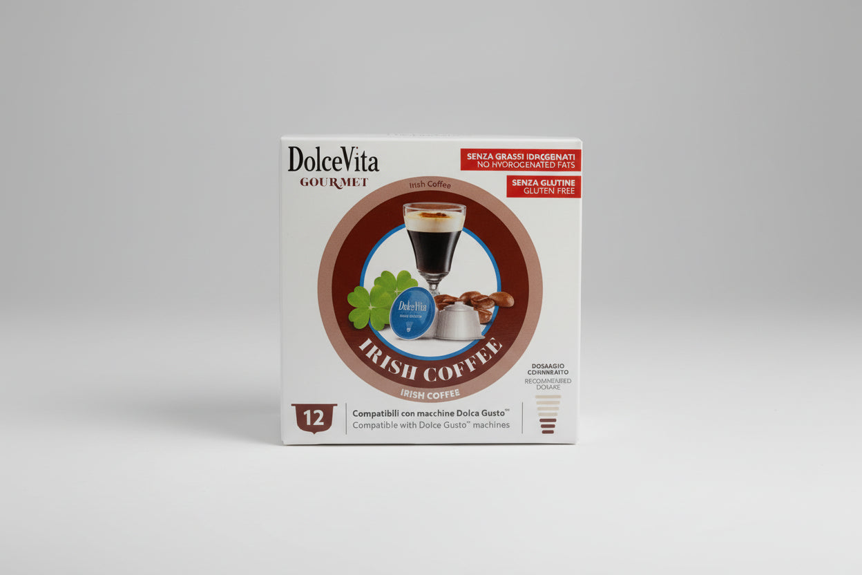 DolceVita Dolce Gusto Irish Coffee capsule by Capsule Caffè & Dolci, showing a coffee capsule and Irish coffee beverage.