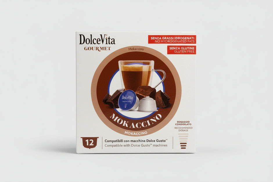 DolceVita Dolce Gusto Mokaccino capsule coffee pack with rich chocolate and coffee flavor in a sleek packaging.