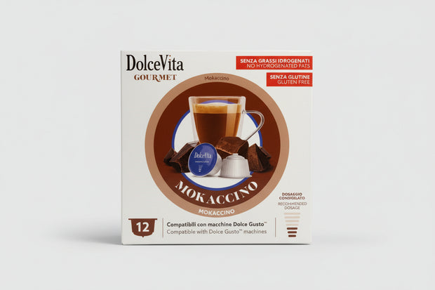 DolceVita Dolce Gusto Mokaccino capsule coffee pack with rich chocolate and coffee flavor in a sleek packaging.
