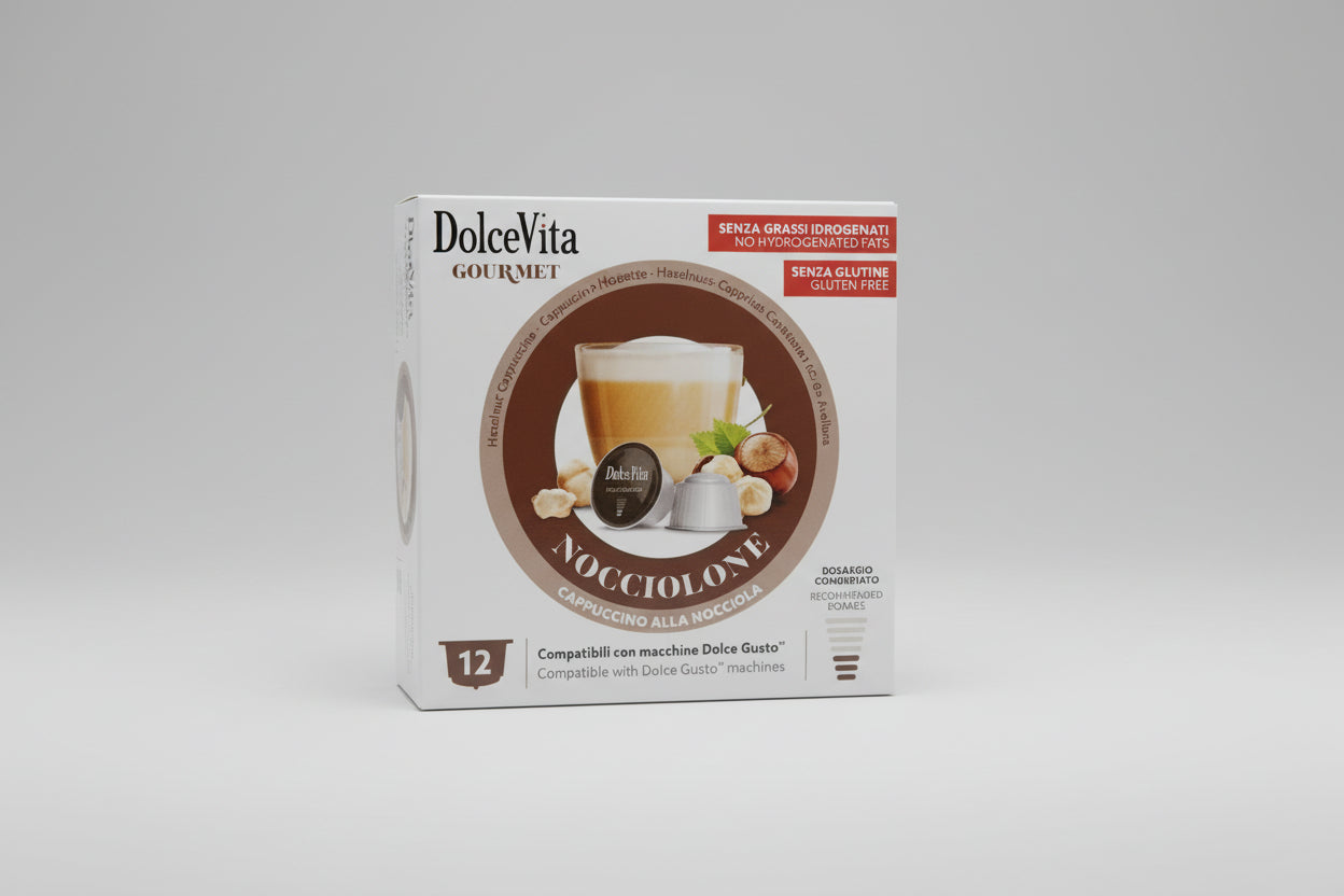 DolceVita Dolce Gusto Nocciolone coffee capsule by Capsule Caffè & Dolci showing the packaging and capsule design.