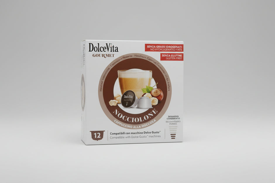 DolceVita Dolce Gusto Nocciolone coffee capsule by Capsule Caffè & Dolci showing the packaging and capsule design.