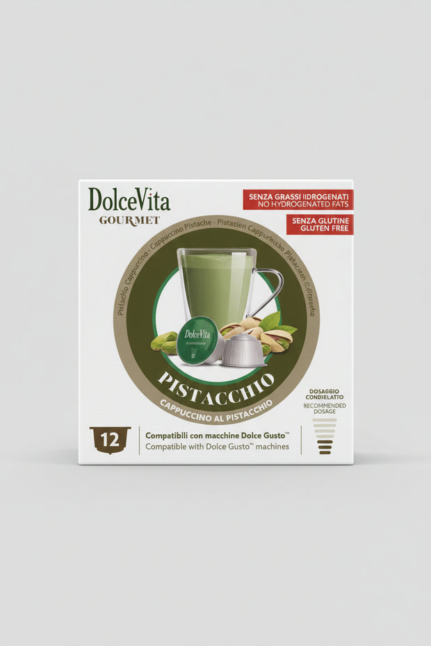 DolceVita Dolce Gusto pistachio coffee capsules in a package, compatible with Dolce Gusto coffee machines.