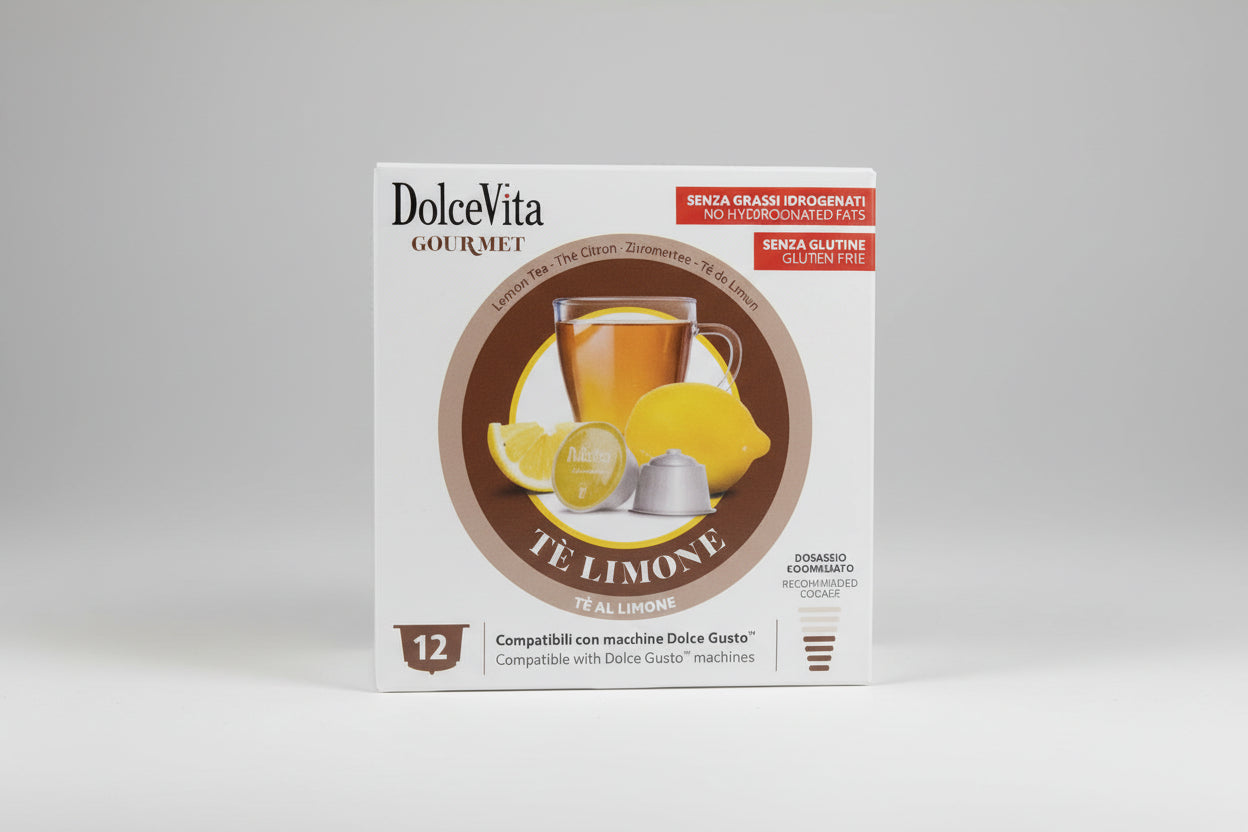 DolceVita Dolce Gusto The al Limone coffee capsule by Capsule Caffè & Dolci, shown in a close-up image of the packaging.
