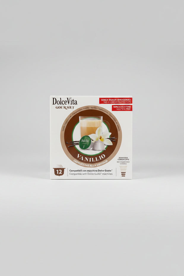 DolceVita Dolce Gusto Vanillio coffee capsule box with vanilla-flavored coffee pods from Capsule Caffè & Dolci.
