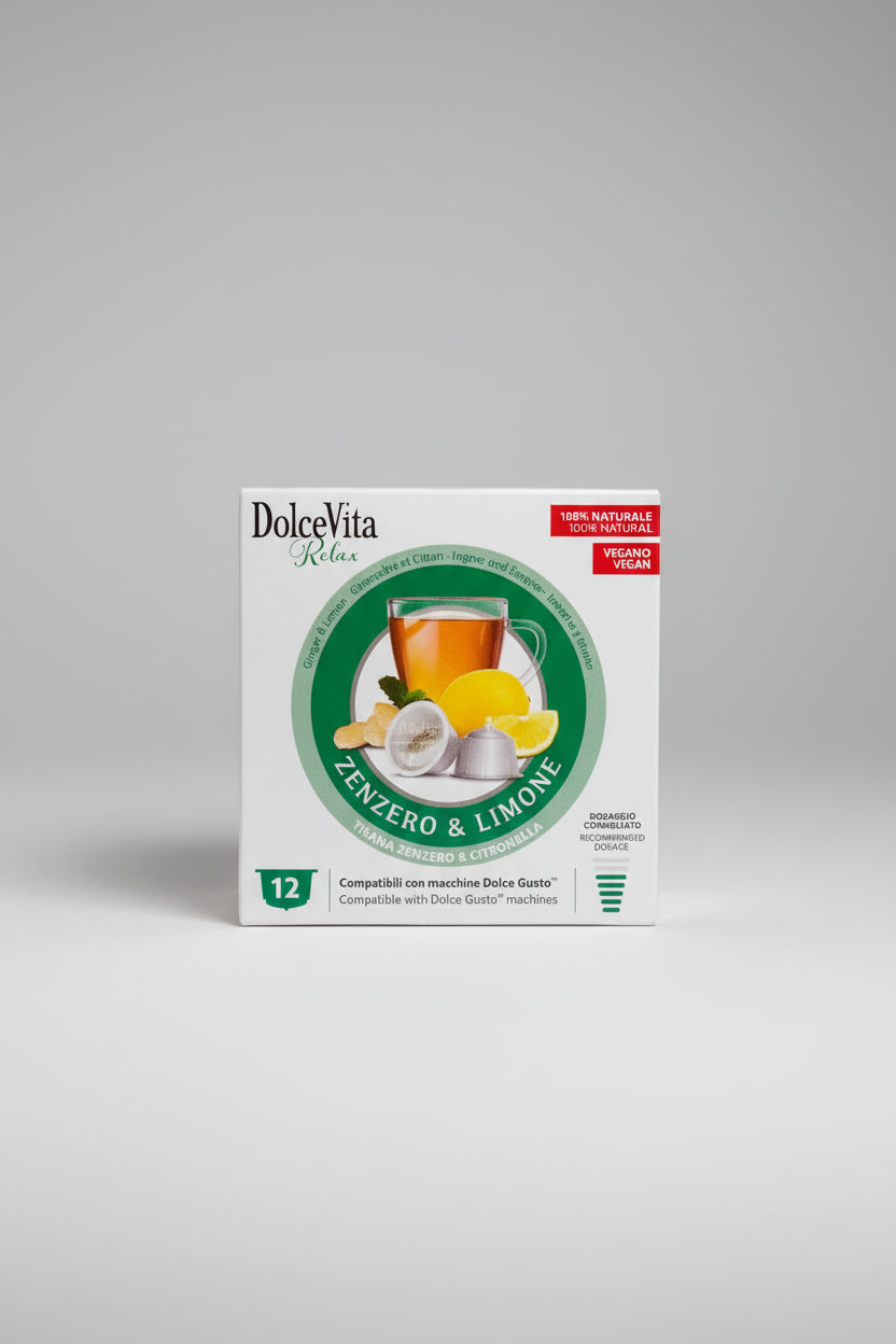 DolceVita Dolce Gusto capsule pack with ginger and lemon flavor for coffee and tea drinks.
