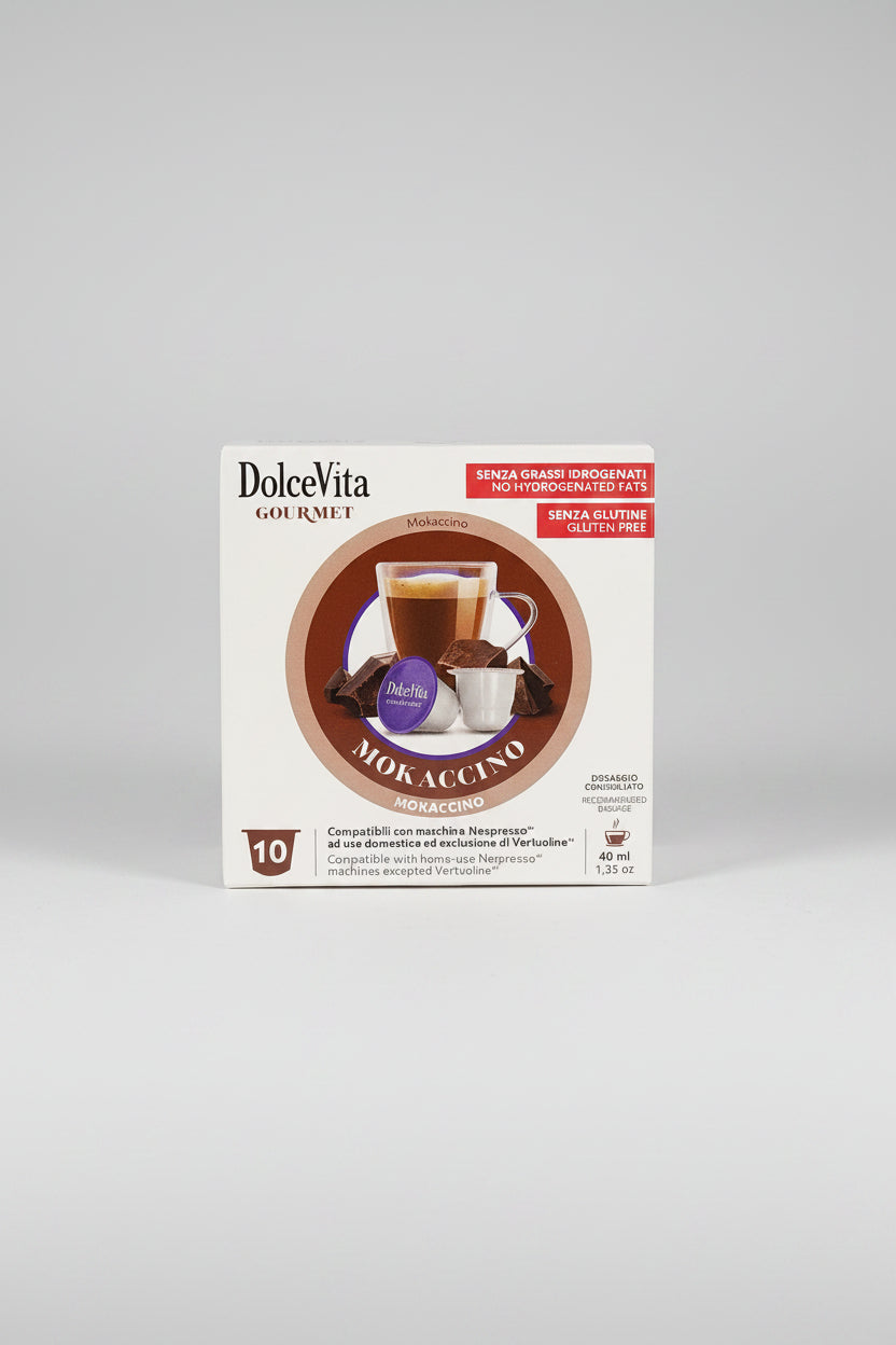 DolceVita Nespresso Mokaccino capsule from Capsule Caffè & Dolci, showing a coffee capsule with a mocha-flavored coffee drink.