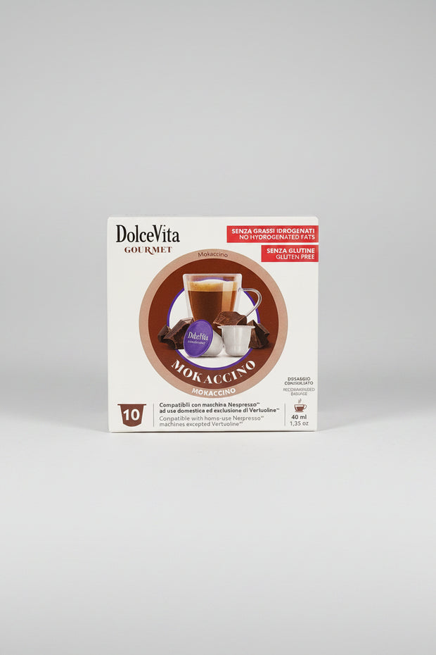 DolceVita Nespresso Mokaccino capsule from Capsule Caffè & Dolci, showing a coffee capsule with a mocha-flavored coffee drink.