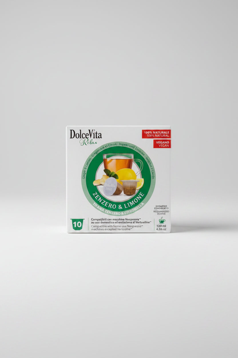 DolceVita Nespresso capsule with ginger and lemon flavor from Capsule Caffè & Dolci, showing the packaging and capsules.