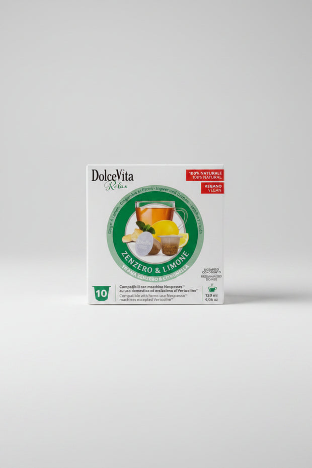 DolceVita Nespresso capsule with ginger and lemon flavor from Capsule Caffè & Dolci, showing the packaging and capsules.