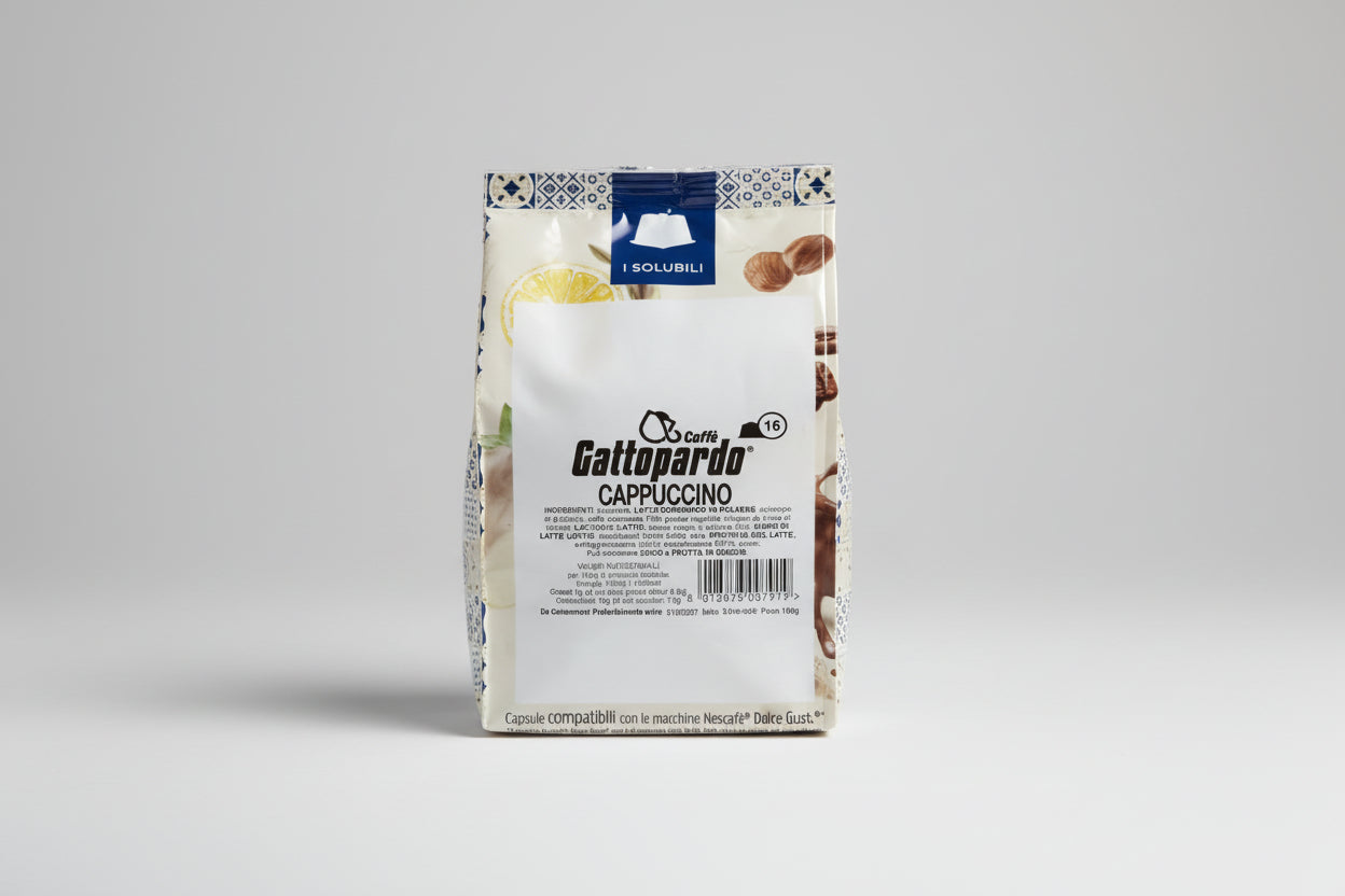 Gattopardo Dolce Gusto Cappuccino capsule from Capsule Caffè & Dolci, featuring a coffee capsule with branding and packaging.
