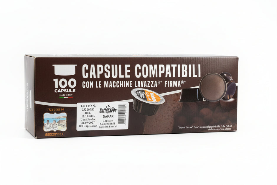 Gattopardo Firma Dakar 100 capsule coffee pack from Capsule Caffè & Dolci, featuring sleek packaging and coffee capsules.