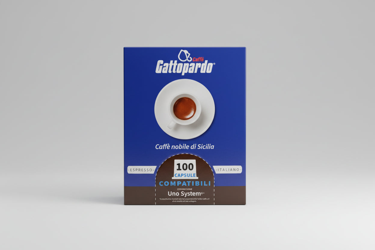 Gattopardo Uno System Dakar 100 capsule coffee pack by Capsule Caffè & Dolci, featuring vibrant packaging and coffee capsules.