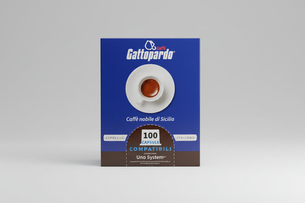 Gattopardo Uno System Dakar 100 capsule coffee pack by Capsule Caffè & Dolci, featuring vibrant packaging and coffee capsules.