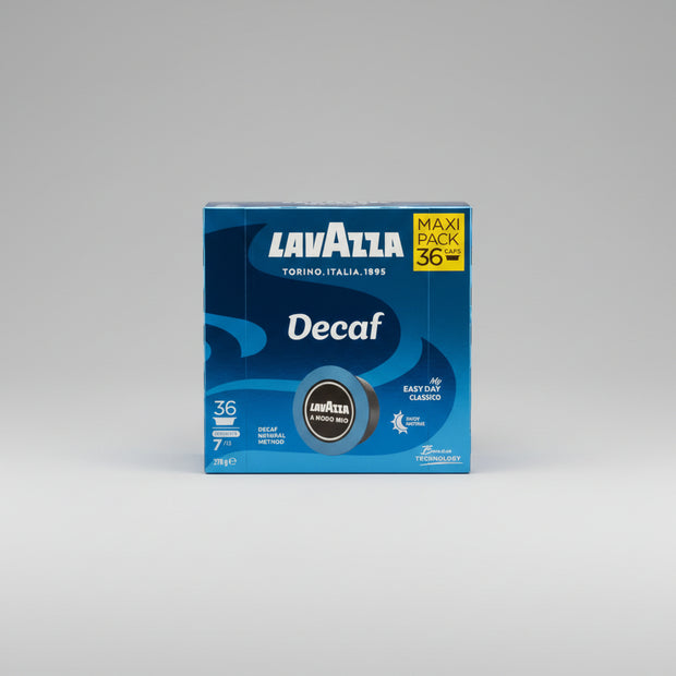 Lavazza A Modo Mio decaffeinato coffee capsules by Capsule Caffè & Dolci, shown in a row of 36 capsules.