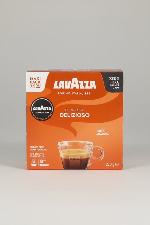 Lavazza A Modo Mio Delizioso 36 coffee capsules from Capsule Caffè & Dolci, arranged in a box for espresso brewing.