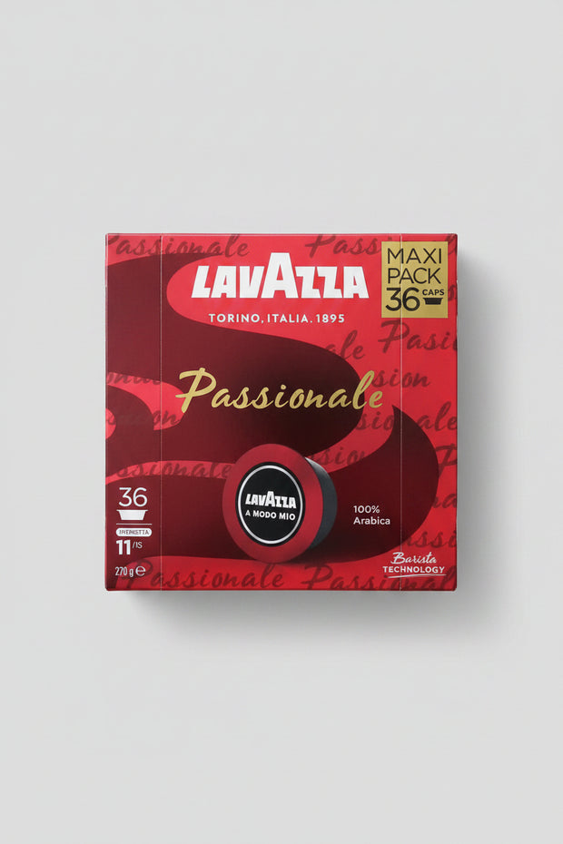 Lavazza A Modo Mio Passionale coffee capsules by Capsule Caffè & Dolci, showing a box of 36 coffee capsules with vibrant packaging.