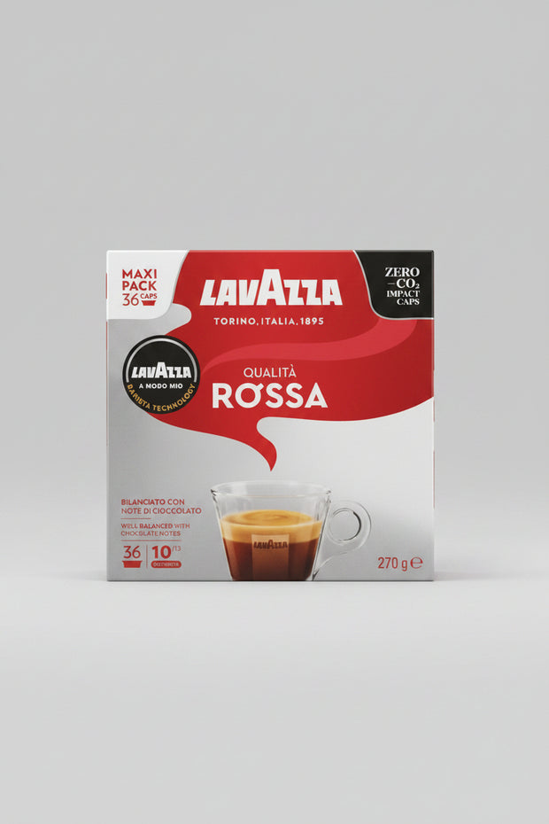 Lavazza A Modo Mio Qualità Rossa coffee capsules in a box, designed for espresso machines, by Capsule Caffè & Dolci.