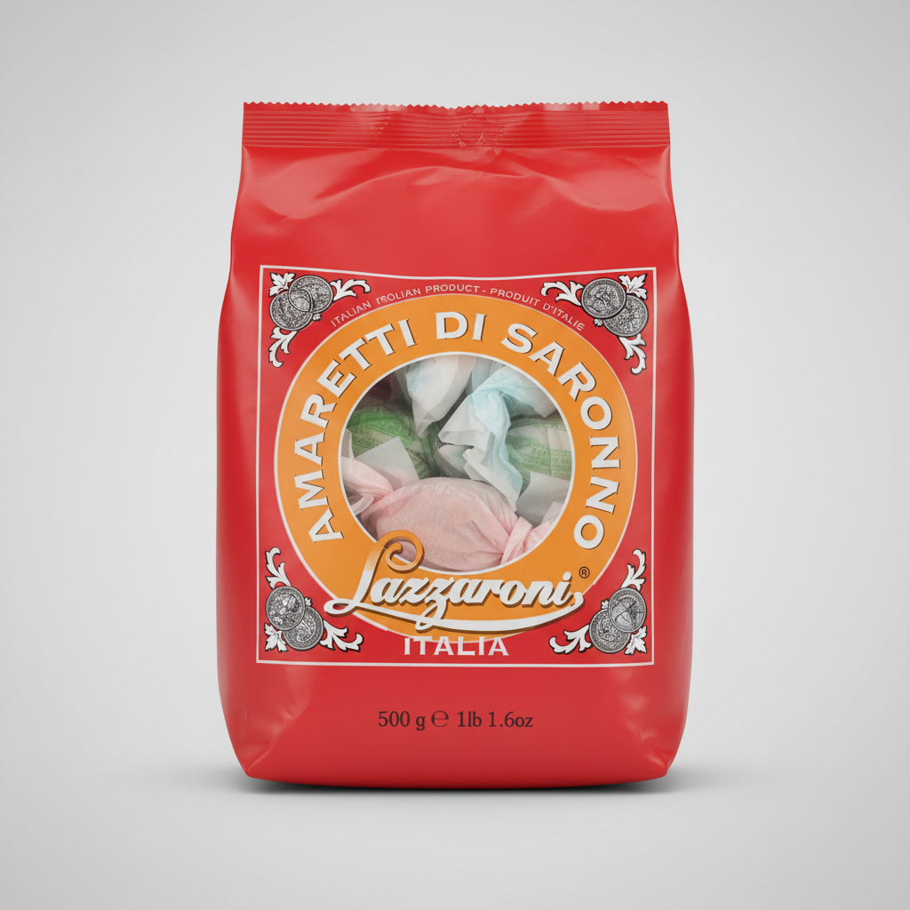 Lazzaroni Amaretti cookies in a 500g bag, traditional Italian almond-flavored biscuits from Capsule Caffè & Dolci.