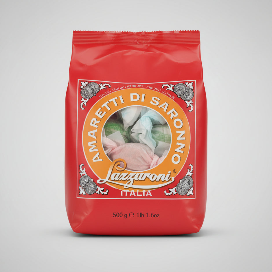 Lazzaroni Amaretti cookies in a 500g bag, traditional Italian almond-flavored biscuits from Capsule Caffè & Dolci.