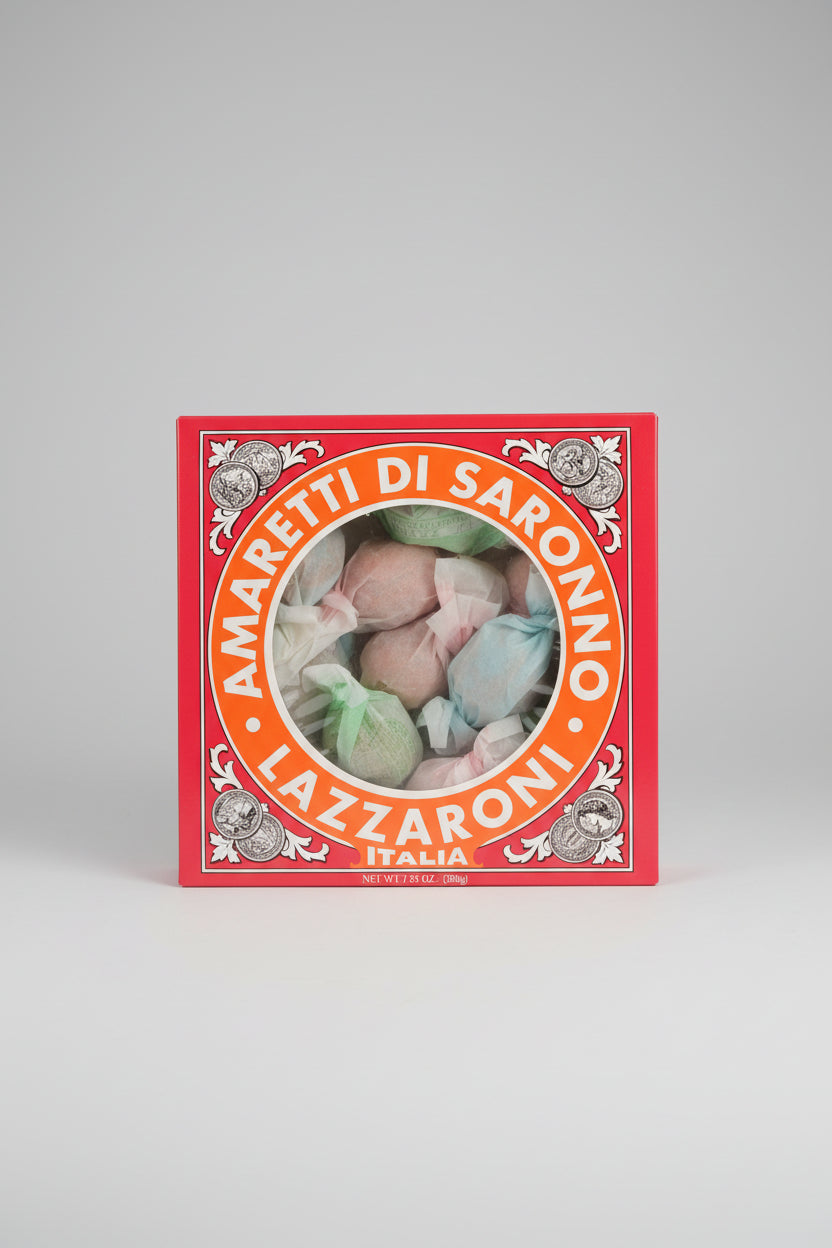 Lazzaroni Amaretti cookies in a 200g box, from Capsule Caffè & Dolci, with golden packaging and traditional Italian almond flavor.