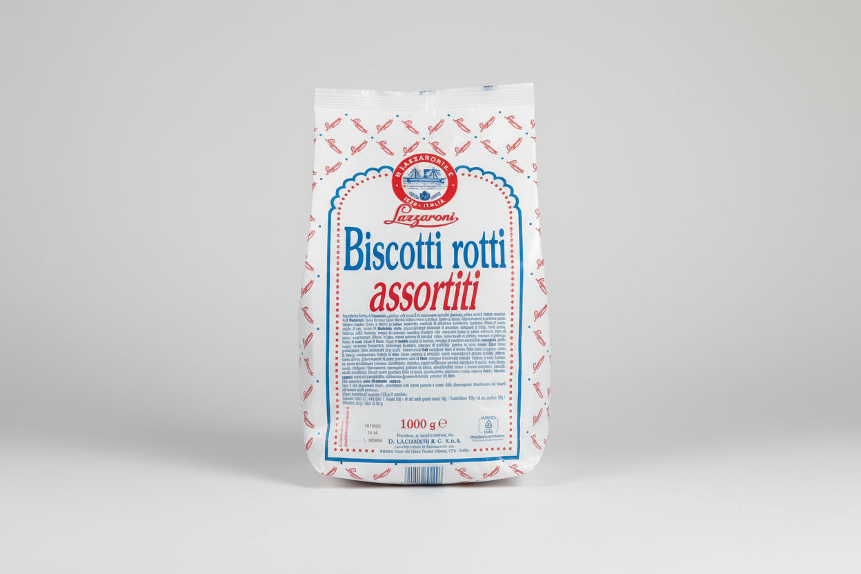 Lazzaroni Biscotti Rotti in 1kg package, traditional Italian almond cookies, displayed in a clear container with biscotti visible inside.