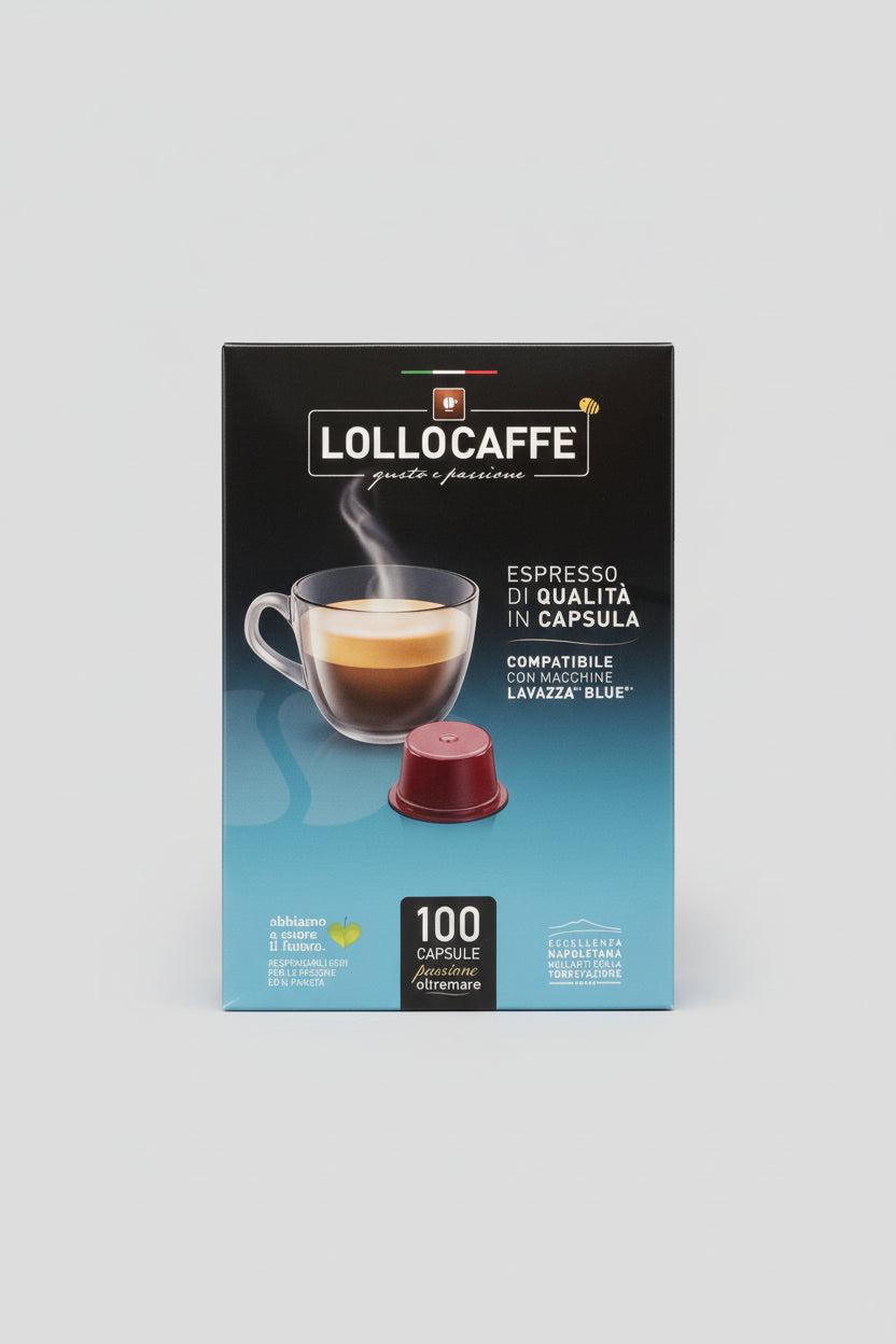 Lollo Caffè Blue Nero 100 capsule pack from Capsule Caffè & Dolci, featuring blue and black packaging with coffee capsules.